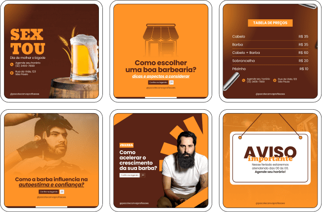 Imagem de amostra do produto Pack Canva com Artes/Posts editáveis para Barbearia, mostrando uma variedade de conteúdos visuais atrativos para profissionais do mercado de afiliação e marketing digital. Inclui designs de posts, artes e conteúdo estratégico para promover uma imagem profissional e envolvente online. É um produto voltado para movimentar as redes sociais/social media do Instagram desses profissionais.