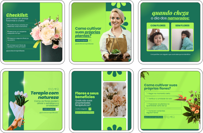 Imagem de amostra do produto Pack Canva com Artes/Posts editáveis para Floricultura, mostrando uma variedade de conteúdos visuais atrativos para profissionais do mercado de afiliação e marketing digital. Inclui designs de posts, artes e conteúdo estratégico para promover uma imagem profissional e envolvente online. É um produto voltado para movimentar as redes sociais/social media do Instagram desses profissionais.