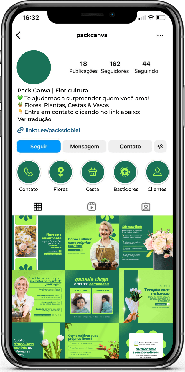 Imagem de amostra do produto Pack Canva com Artes/Posts editáveis para Floricultura, mostrando uma variedade de conteúdos visuais atrativos para profissionais do mercado de afiliação e marketing digital. Inclui designs de posts, artes e conteúdo estratégico para promover uma imagem profissional e envolvente online. É um produto voltado para movimentar as redes sociais/social media do Instagram desses profissionais.