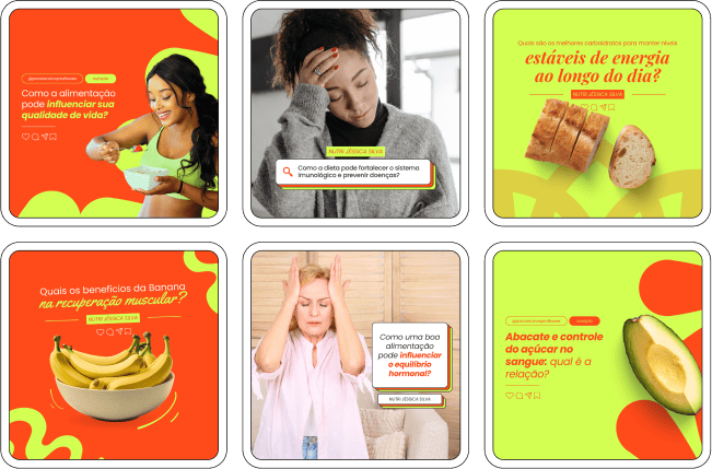 Imagem de amostra do produto Pack Canva com Artes/Posts editáveis para Nutricionista, Nutrição, Nutricionista/Nutrição Infantil e Nutricionista/Nutrição Comportamental, Nutricionista/Nutrição Funcional, Nutricionista/Nutrição Clínica e Nutricionista/Nutrição Esportiva, mostrando uma variedade de conteúdos visuais atrativos para profissionais do mercado de afiliação e marketing digital. Inclui designs de posts, artes e conteúdo estratégico para promover uma imagem profissional e envolvente online. É um produto voltado para movimentar as redes sociais/social media do Instagram desses profissionais.