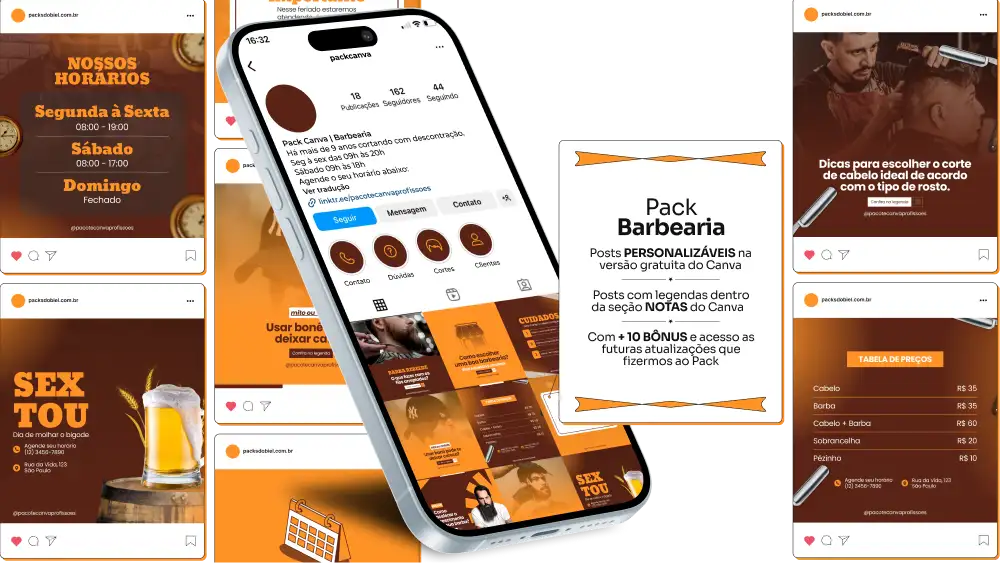Imagem de amostra do produto Pack Canva com Artes/Posts editáveis para Barbearia, mostrando uma variedade de conteúdos visuais atrativos para profissionais do mercado de afiliação e marketing digital. Inclui designs de posts, artes e conteúdo estratégico para promover uma imagem profissional e envolvente online. É um produto voltado para movimentar as redes sociais/social media do Instagram desses profissionais.