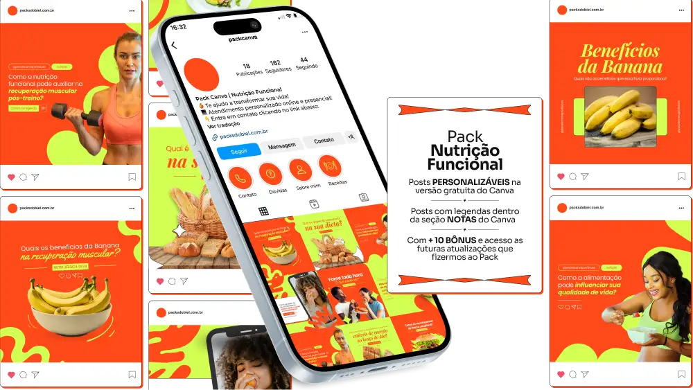 Imagem de amostra do produto Pack Canva com Artes/Posts editáveis para Nutricionista, Nutrição, Nutricionista Clínico, Nutrição Clínica, Nutricionista/Nutrição Infantil e Nutricionista/Nutrição Comportamental, Nutricionista/Nutrição Funcional, Nutricionista/Nutrição Clínica, Nutricionista Geriátrico, Nutrição Geriátrica e Nutricionista/Nutrição Esportiva, mostrando uma variedade de conteúdos visuais atrativos para profissionais do mercado de afiliação e marketing digital. Inclui designs de posts, artes e conteúdo estratégico para promover uma imagem profissional e envolvente online. É um produto voltado para movimentar as redes sociais/social media do Instagram desses profissionais.