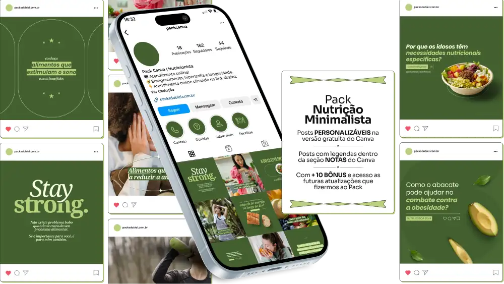 Imagem de amostra do produto Pack Canva com Artes/Posts editáveis para Nutricionista, Nutrição, Nutricionista Clínico, Nutrição Clínica, Nutricionista/Nutrição Infantil e Nutricionista/Nutrição Comportamental, Nutricionista/Nutrição Funcional, Nutricionista/Nutrição Clínica, Nutricionista Geriátrico, Nutrição Geriátrica e Nutricionista/Nutrição Esportiva, mostrando uma variedade de conteúdos visuais atrativos para profissionais do mercado de afiliação e marketing digital. Inclui designs de posts, artes e conteúdo estratégico para promover uma imagem profissional e envolvente online. É um produto voltado para movimentar as redes sociais/social media do Instagram desses profissionais.