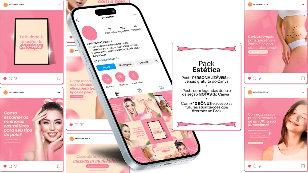 Imagem de amostra do produto Pack Canva com Artes/Posts editáveis para Estética e Esteticista, mostrando uma variedade de conteúdos visuais atrativos para profissionais do mercado de afiliação e marketing digital. Inclui designs de posts, artes e conteúdo estratégico para promover uma imagem profissional e envolvente online. É um produto voltado para movimentar as redes sociais/social media do Instagram desses profissionais.
