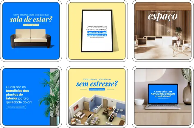 Imagem de amostra do produto Pack Canva com Artes/Posts editáveis para Arquitetos, Arquiteta, Arquiteto e Arquitetura, mostrando uma variedade de conteúdos visuais atrativos para profissionais do mercado de afiliação e marketing digital. Inclui designs de posts, artes e conteúdo estratégico para promover uma imagem profissional e envolvente online. É um produto voltado para movimentar as redes sociais/social media do Instagram desses profissionais.