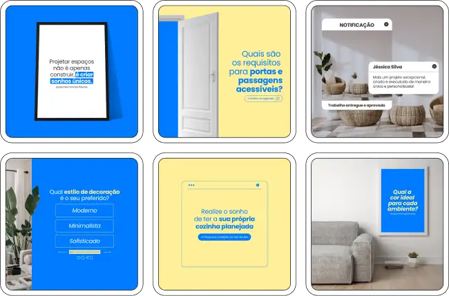 Imagem de amostra do produto Pack Canva com Artes/Posts editáveis para Arquitetos, Arquiteta, Arquiteto e Arquitetura, mostrando uma variedade de conteúdos visuais atrativos para profissionais do mercado de afiliação e marketing digital. Inclui designs de posts, artes e conteúdo estratégico para promover uma imagem profissional e envolvente online. É um produto voltado para movimentar as redes sociais/social media do Instagram desses profissionais.
