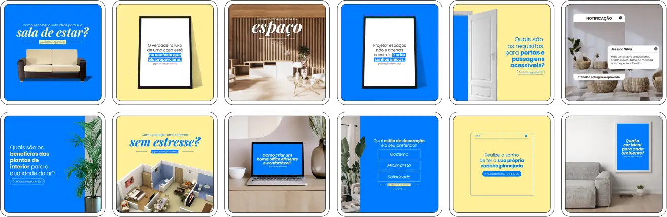 Imagem de amostra do produto Pack Canva com Artes/Posts editáveis para Arquitetos, Arquiteta, Arquiteto e Arquitetura, mostrando uma variedade de conteúdos visuais atrativos para profissionais do mercado de afiliação e marketing digital. Inclui designs de posts, artes e conteúdo estratégico para promover uma imagem profissional e envolvente online. É um produto voltado para movimentar as redes sociais/social media do Instagram desses profissionais.