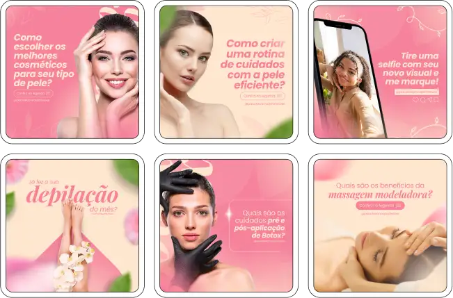 Imagem de amostra do produto Pack Canva com Artes/Posts editáveis para Estética e Esteticista, mostrando uma variedade de conteúdos visuais atrativos para profissionais do mercado de afiliação e marketing digital. Inclui designs de posts, artes e conteúdo estratégico para promover uma imagem profissional e envolvente online. É um produto voltado para movimentar as redes sociais/social media do Instagram desses profissionais.