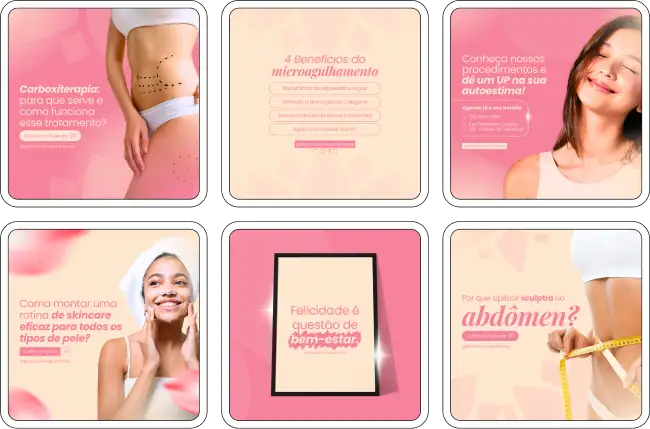 Imagem de amostra do produto Pack Canva com Artes/Posts editáveis para Estética e Esteticista, mostrando uma variedade de conteúdos visuais atrativos para profissionais do mercado de afiliação e marketing digital. Inclui designs de posts, artes e conteúdo estratégico para promover uma imagem profissional e envolvente online. É um produto voltado para movimentar as redes sociais/social media do Instagram desses profissionais.