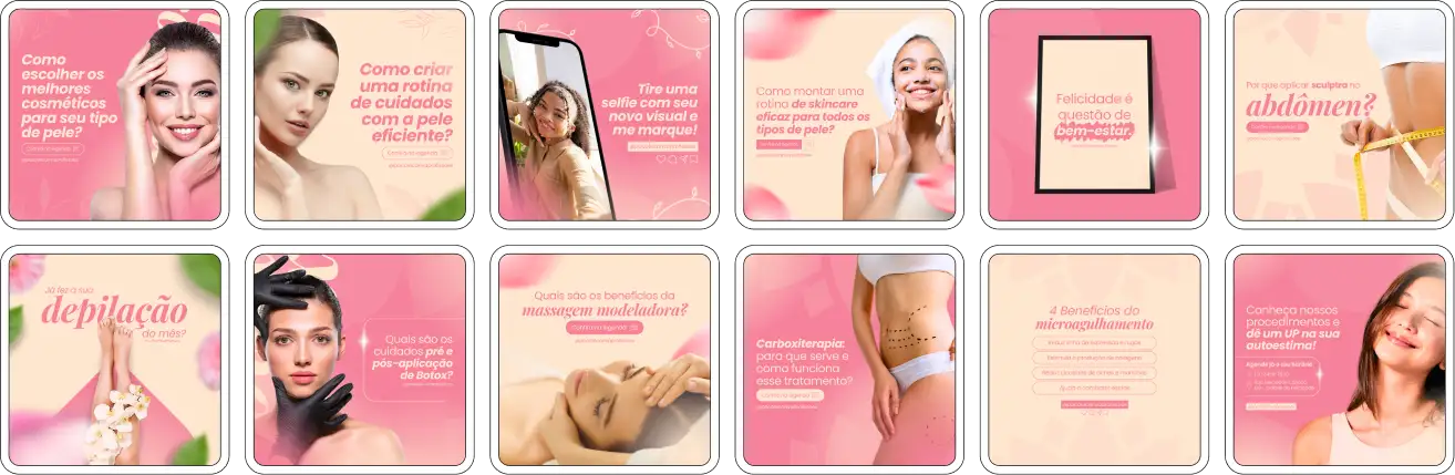 Imagem de amostra do produto Pack Canva com Artes/Posts editáveis para Estética e Esteticista, mostrando uma variedade de conteúdos visuais atrativos para profissionais do mercado de afiliação e marketing digital. Inclui designs de posts, artes e conteúdo estratégico para promover uma imagem profissional e envolvente online. É um produto voltado para movimentar as redes sociais/social media do Instagram desses profissionais.