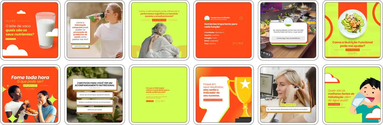 Imagem de amostra do Pack Canva com Artes e Posts Editáveis para Nutricionistas. Este produto inclui designs personalizados para Nutrição Clínica, Nutrição Infantil, Nutrição Comportamental, Nutrição Funcional, Nutrição Geriátrica e Nutrição Esportiva. Ideal para profissionais de nutrição que desejam fortalecer sua presença no Instagram, o pack oferece uma variedade de conteúdos visuais atrativos e estratégicos. Perfeito para afiliados e especialistas em marketing digital, facilita a criação de uma imagem profissional e envolvente online. Potencialize seu marketing digital com este pack de designs e aumente seu engajamento nas redes sociais.