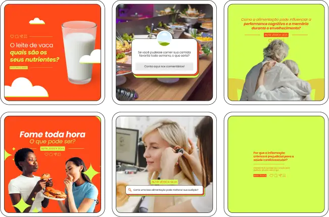 Imagem de amostra do Pack Canva com Artes e Posts Editáveis para Nutricionistas. Este produto inclui designs personalizados para Nutrição Clínica, Nutrição Infantil, Nutrição Comportamental, Nutrição Funcional, Nutrição Geriátrica e Nutrição Esportiva. Ideal para profissionais de nutrição que desejam fortalecer sua presença no Instagram, o pack oferece uma variedade de conteúdos visuais atrativos e estratégicos. Perfeito para afiliados e especialistas em marketing digital, facilita a criação de uma imagem profissional e envolvente online. Potencialize seu marketing digital com este pack de designs e aumente seu engajamento nas redes sociais.