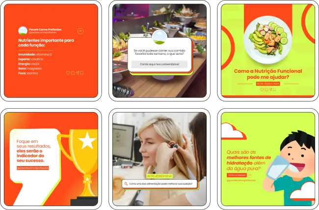 Imagem de amostra do Pack Canva com Artes e Posts Editáveis para Nutricionistas. Este produto inclui designs personalizados para Nutrição Clínica, Nutrição Infantil, Nutrição Comportamental, Nutrição Funcional, Nutrição Geriátrica e Nutrição Esportiva. Ideal para profissionais de nutrição que desejam fortalecer sua presença no Instagram, o pack oferece uma variedade de conteúdos visuais atrativos e estratégicos. Perfeito para afiliados e especialistas em marketing digital, facilita a criação de uma imagem profissional e envolvente online. Potencialize seu marketing digital com este pack de designs e aumente seu engajamento nas redes sociais.