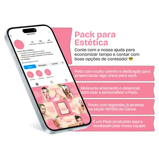 Imagem de amostra do produto Pack Canva com Artes/Posts editáveis para Estética e Esteticista, mostrando uma variedade de conteúdos visuais atrativos para profissionais do mercado de afiliação e marketing digital. Inclui designs de posts, artes e conteúdo estratégico para promover uma imagem profissional e envolvente online. É um produto voltado para movimentar as redes sociais/social media do Instagram desses profissionais.