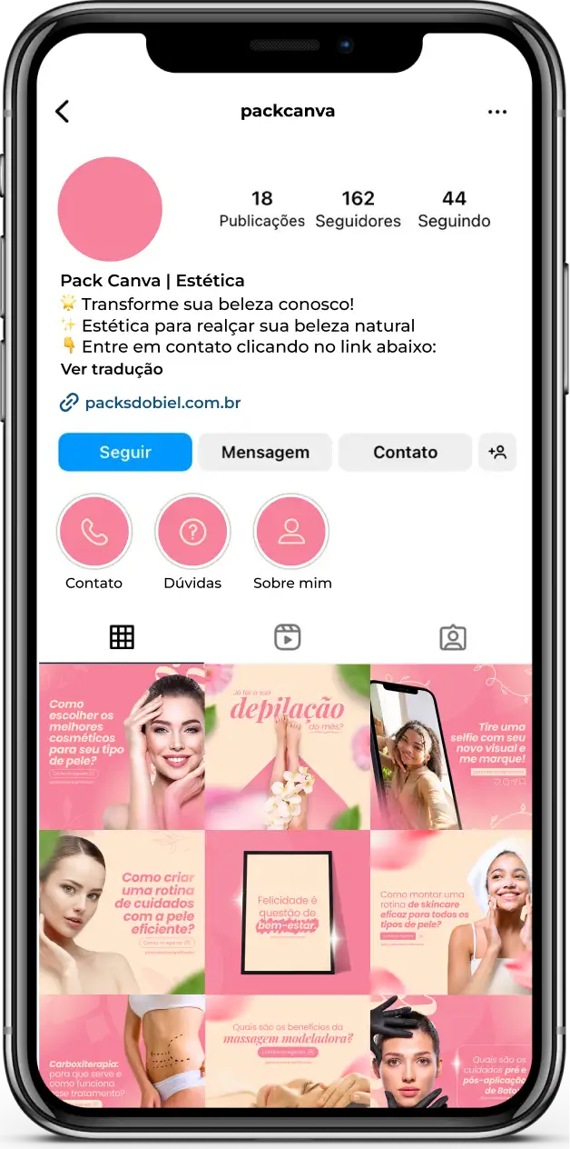 Imagem de amostra do produto Pack Canva com Artes/Posts editáveis para Estética e Esteticista, mostrando uma variedade de conteúdos visuais atrativos para profissionais do mercado de afiliação e marketing digital. Inclui designs de posts, artes e conteúdo estratégico para promover uma imagem profissional e envolvente online. É um produto voltado para movimentar as redes sociais/social media do Instagram desses profissionais.