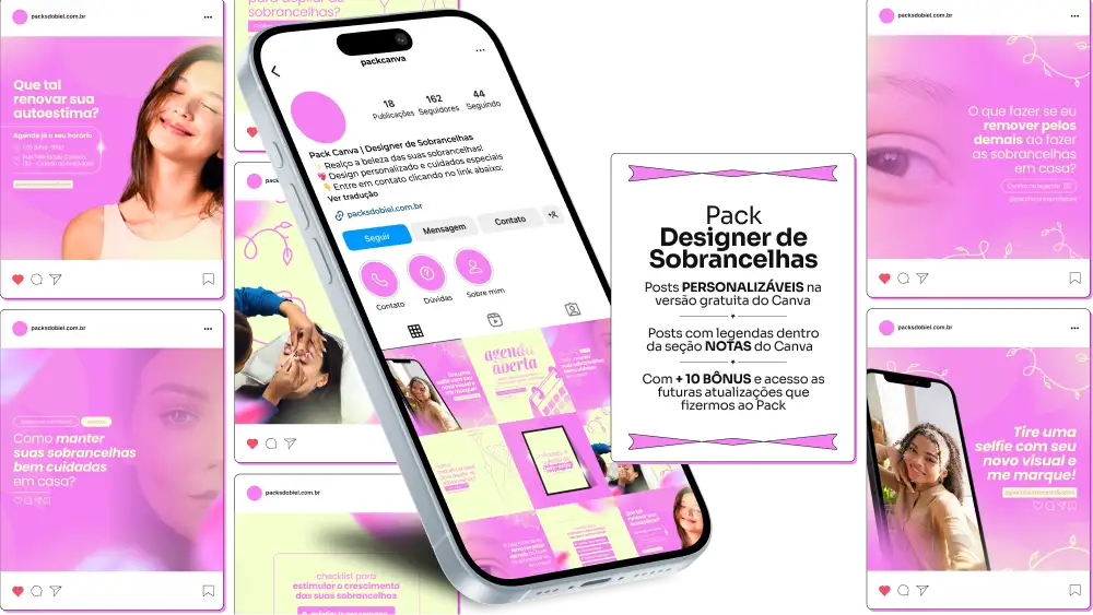 Pack Canva Designer de Sobrancelhas - Posts editáveis e prontos para Instagram, perfeito para profissionais de design de sobrancelhas, estúdios de beleza e especialistas em estética facial. Inclui artes estratégicas com conteúdos sobre design de sobrancelhas, microblading, antes e depois, cuidados essenciais, promoções de serviços e tendências de beleza. Ideal para aumentar o alcance, atrair clientes e destacar sua marca nas redes sociais, otimizando sua presença online.