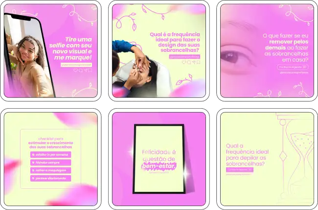 Imagem de amostra do produto Pack Canva com Artes/Posts editáveis para Designer de Sobrancelhas e Micropigmentadora de Sobrancelhas, mostrando uma variedade de conteúdos visuais atrativos para profissionais dessas áreas. Inclui designs de posts, artes e conteúdo estratégico para promover uma imagem profissional e envolvente online. É um produto voltado para movimentar as redes sociais/social media do Instagram desses profissionais.