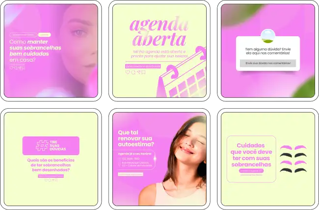 Imagem de amostra do produto Pack Canva com Artes/Posts editáveis para Designer de Sobrancelhas e Micropigmentadora de Sobrancelhas, mostrando uma variedade de conteúdos visuais atrativos para profissionais dessas áreas. Inclui designs de posts, artes e conteúdo estratégico para promover uma imagem profissional e envolvente online. É um produto voltado para movimentar as redes sociais/social media do Instagram desses profissionais.