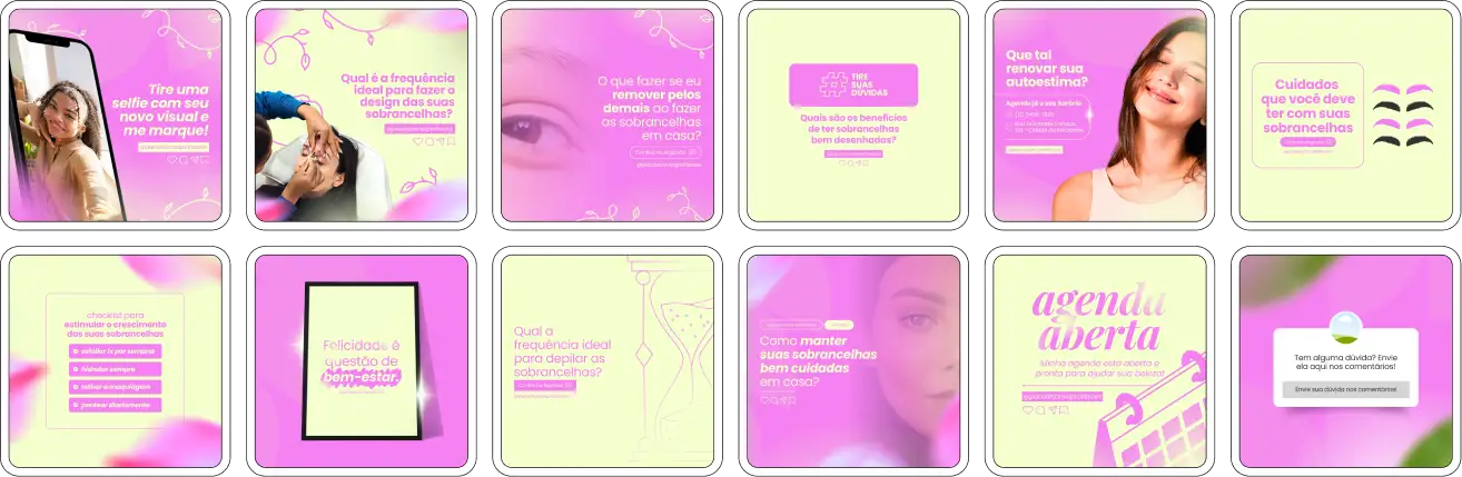 Pack Canva Designer de Sobrancelhas - Posts editáveis e prontos para Instagram, perfeito para profissionais de design de sobrancelhas, estúdios de beleza e especialistas em estética facial. Inclui artes estratégicas com conteúdos sobre design de sobrancelhas, microblading, antes e depois, cuidados essenciais, promoções de serviços e tendências de beleza. Ideal para aumentar o alcance, atrair clientes e destacar sua marca nas redes sociais, otimizando sua presença online.