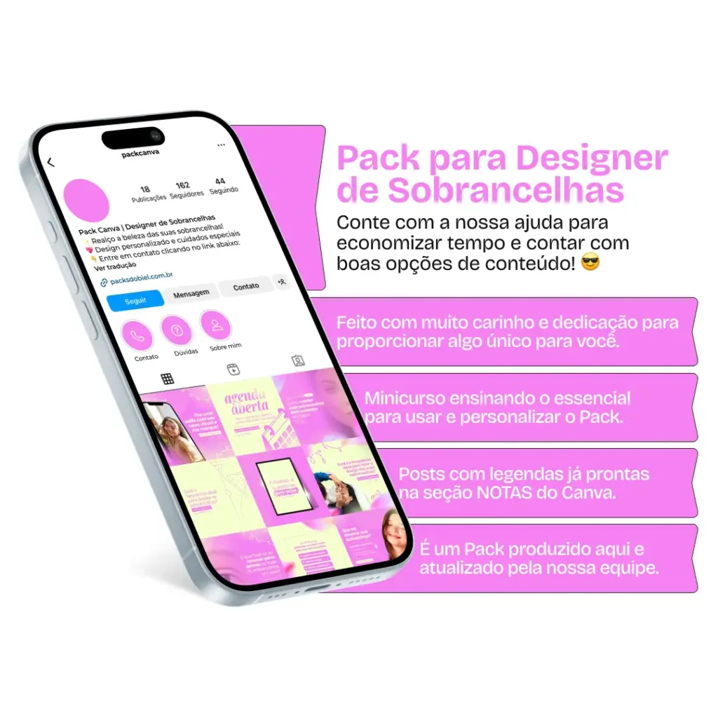 Pack Canva Designer de Sobrancelhas - Posts editáveis e prontos para Instagram, perfeito para profissionais de design de sobrancelhas, estúdios de beleza e especialistas em estética facial. Inclui artes estratégicas com conteúdos sobre design de sobrancelhas, microblading, antes e depois, cuidados essenciais, promoções de serviços e tendências de beleza. Ideal para aumentar o alcance, atrair clientes e destacar sua marca nas redes sociais, otimizando sua presença online.