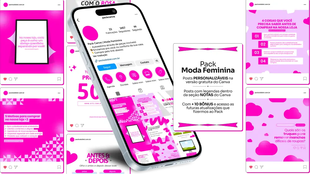 Imagem de amostra do produto Pack Canva com Artes/Posts editáveis para Moda Feminina, Loja de Roupas, Moda e Loja de Acessórios, mostrando uma variedade de conteúdos visuais atrativos para profissionais do mercado de afiliação e marketing digital. Inclui designs de posts, artes e conteúdo estratégico para promover uma imagem profissional e envolvente online. É um produto voltado para movimentar as redes sociais/social media do Instagram desses profissionais.