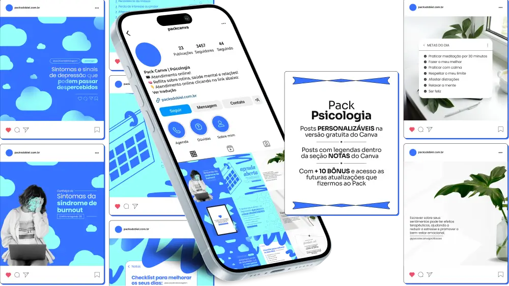 Pack Canva Psicologia, Psicologia Infantil e Terapia Psicológica – Kit completo de artes de social media com posts e conteúdos editáveis no Canva, ideal para psicólogos, psicólogos infantis e terapeutas. Inclui materiais personalizados com conteúdos educativos sobre saúde mental, desenvolvimento emocional, dicas de bem-estar, apoio psicológico e técnicas terapêuticas. Perfeito para criar um perfil de Instagram atrativo, engajar pacientes e famílias, fortalecer sua presença digital e promover serviços de psicologia de forma estratégica e profissional.