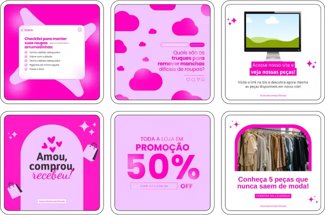 Imagem de amostra do produto Pack Canva com Artes/Posts editáveis para Moda Feminina, Loja de Roupas, Moda e Loja de Acessórios, mostrando uma variedade de conteúdos visuais atrativos para profissionais do mercado de afiliação e marketing digital. Inclui designs de posts, artes e conteúdo estratégico para promover uma imagem profissional e envolvente online. É um produto voltado para movimentar as redes sociais/social media do Instagram desses profissionais.