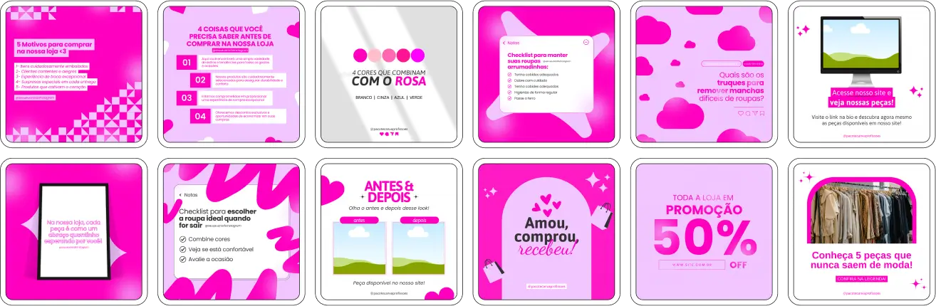 Imagem de amostra do produto Pack Canva com Artes/Posts editáveis para Moda Feminina, Loja de Roupas, Moda e Loja de Acessórios, mostrando uma variedade de conteúdos visuais atrativos para profissionais do mercado de afiliação e marketing digital. Inclui designs de posts, artes e conteúdo estratégico para promover uma imagem profissional e envolvente online. É um produto voltado para movimentar as redes sociais/social media do Instagram desses profissionais.