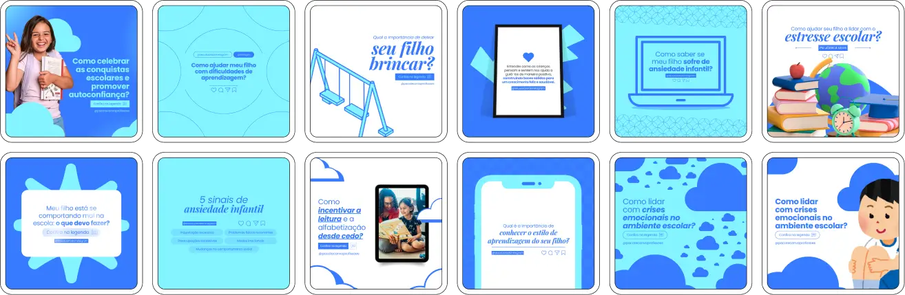 Pack Canva Psicologia Infantil – Kit de posts editáveis no Canva, criado especialmente para psicólogos infantis, terapeutas e profissionais da saúde mental. Inclui materiais personalizados com conteúdos educativos sobre desenvolvimento emocional, comportamento infantil, dicas para pais, técnicas terapêuticas e apoio psicológico para crianças. Ideal para criar um perfil de Instagram atrativo, engajar famílias e fortalecer a presença digital, divulgando serviços de forma profissional e estratégica.