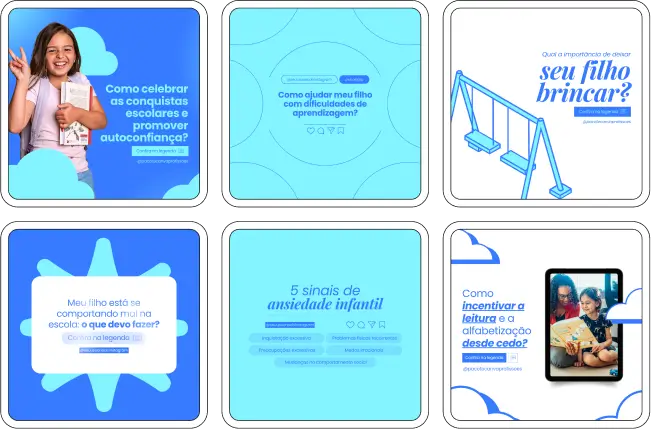 Imagem de amostra do produto Pack Canva com Artes/Posts editáveis para Psicólogos Infantis, mostrando uma variedade de conteúdos visuais atrativos para o setor de psicologia e educação. Inclui designs de posts, artes e conteúdo estratégico para promover uma imagem profissional e envolvente online. Este produto é voltado para impulsionar as redes sociais e o marketing digital de psicólogos que trabalham com crianças e adolescentes, facilitando a promoção de serviços de psicologia infantil, recursos educativos e aumentando o engajamento com pais e cuidadores no Instagram.