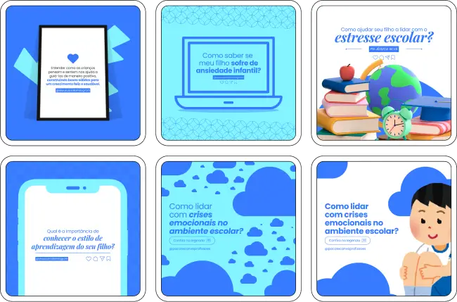 Imagem de amostra do produto Pack Canva com Artes/Posts editáveis para Psicólogos Infantis, mostrando uma variedade de conteúdos visuais atrativos para o setor de psicologia e educação. Inclui designs de posts, artes e conteúdo estratégico para promover uma imagem profissional e envolvente online. Este produto é voltado para impulsionar as redes sociais e o marketing digital de psicólogos que trabalham com crianças e adolescentes, facilitando a promoção de serviços de psicologia infantil, recursos educativos e aumentando o engajamento com pais e cuidadores no Instagram.