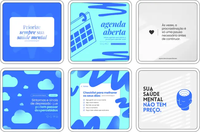 Pack Canva Psicologia, Psicologia Infantil e Terapia Psicológica – Kit completo de artes de social media com posts e conteúdos editáveis no Canva, ideal para psicólogos, psicólogos infantis e terapeutas. Inclui materiais personalizados com conteúdos educativos sobre saúde mental, desenvolvimento emocional, dicas de bem-estar, apoio psicológico e técnicas terapêuticas. Perfeito para criar um perfil de Instagram atrativo, engajar pacientes e famílias, fortalecer sua presença digital e promover serviços de psicologia de forma estratégica e profissional.