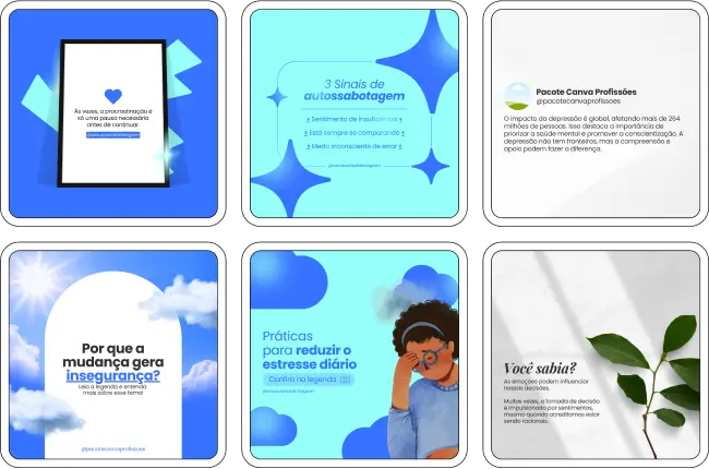 Pack Canva Psicologia, Psicologia Infantil e Terapia Psicológica – Kit completo de artes de social media com posts e conteúdos editáveis no Canva, ideal para psicólogos, psicólogos infantis e terapeutas. Inclui materiais personalizados com conteúdos educativos sobre saúde mental, desenvolvimento emocional, dicas de bem-estar, apoio psicológico e técnicas terapêuticas. Perfeito para criar um perfil de Instagram atrativo, engajar pacientes e famílias, fortalecer sua presença digital e promover serviços de psicologia de forma estratégica e profissional.