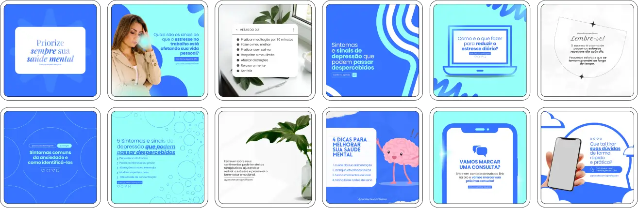 Captura de tela de um perfil de Instagram com uma variedade de conteúdos, artes e posts prontos para compartilhar sobre Psicologia. A imagem faz parte do produto Pack Canva com Artes/Posts editáveis