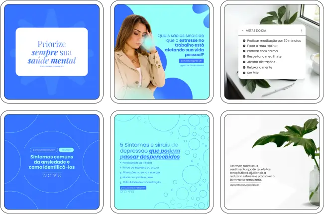 Captura de tela de um perfil de Instagram com uma variedade de conteúdos, artes e posts prontos para compartilhar sobre Psicologia. A imagem faz parte do produto Pack Canva com Artes/Posts editáveis
