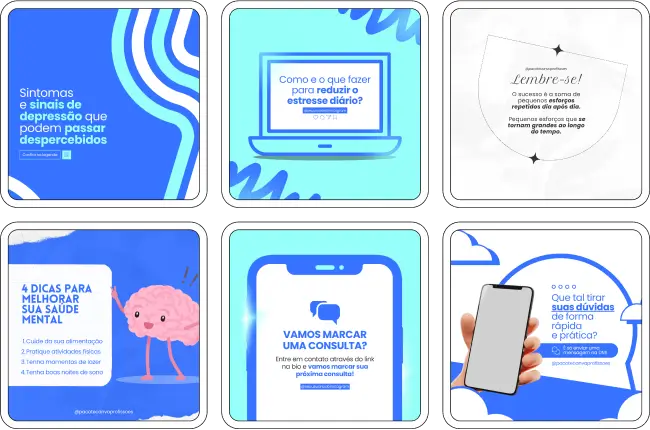 Pack Canva Psicologia, Psicologia Infantil e Terapia Psicológica – Kit completo de artes de social media com posts e conteúdos editáveis no Canva, ideal para psicólogos, psicólogos infantis e terapeutas. Inclui materiais personalizados com conteúdos educativos sobre saúde mental, desenvolvimento emocional, dicas de bem-estar, apoio psicológico e técnicas terapêuticas. Perfeito para criar um perfil de Instagram atrativo, engajar pacientes e famílias, fortalecer sua presença digital e promover serviços de psicologia de forma estratégica e profissional.