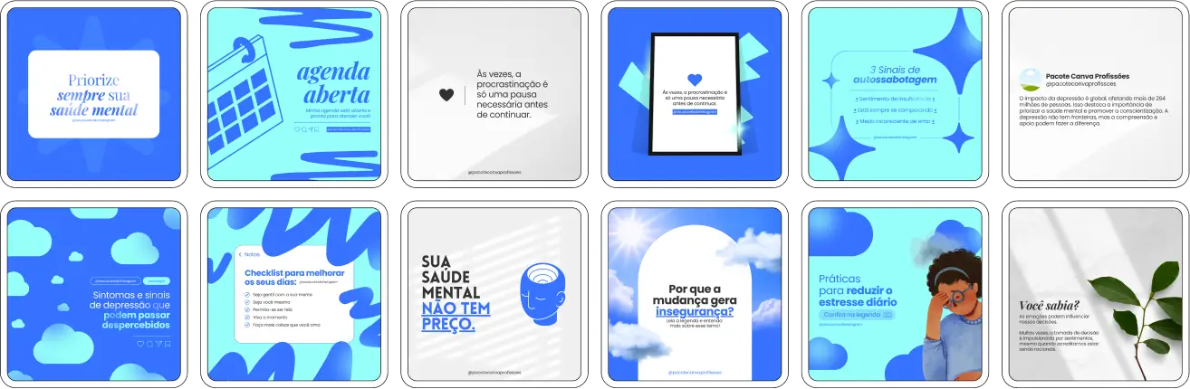 Pack Canva Psicologia, Psicologia Infantil e Terapia Psicológica – Kit completo de artes de social media com posts e conteúdos editáveis no Canva, ideal para psicólogos, psicólogos infantis e terapeutas. Inclui materiais personalizados com conteúdos educativos sobre saúde mental, desenvolvimento emocional, dicas de bem-estar, apoio psicológico e técnicas terapêuticas. Perfeito para criar um perfil de Instagram atrativo, engajar pacientes e famílias, fortalecer sua presença digital e promover serviços de psicologia de forma estratégica e profissional.