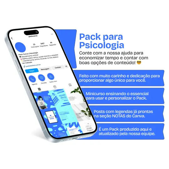 Captura de tela de um perfil de Instagram com uma variedade de conteúdos, artes e posts prontos para compartilhar sobre Psicologia. A imagem faz parte do produto Pack Canva com Artes/Posts editáveis