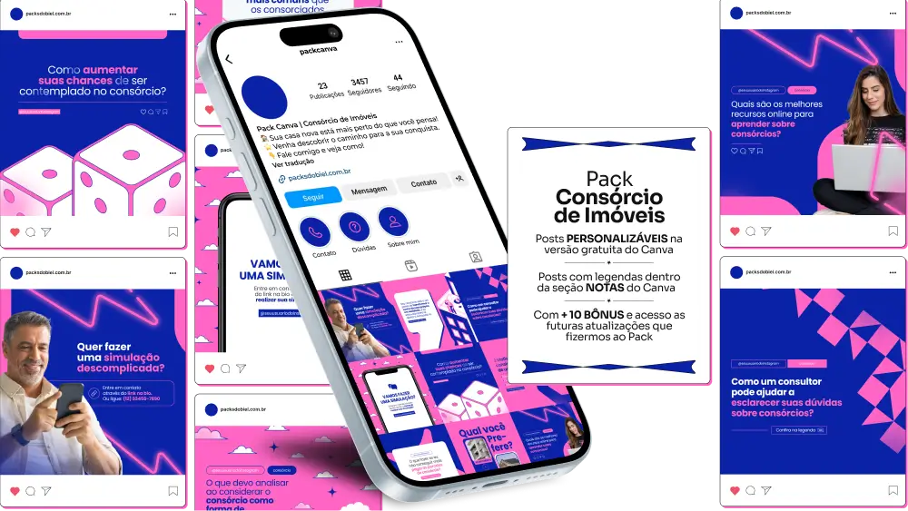 Imagem de amostra do produto Pack Canva com Artes/Posts editáveis para Consórcio de Imóveis, Consórcio de Casa, Consórcio de Apartamento mostrando uma variedade de conteúdos visuais atrativos para profissionais do mercado de afiliação e marketing digital. Inclui designs de posts, artes e conteúdo estratégico para promover uma imagem profissional e envolvente online. É um produto voltado para movimentar as redes sociais/social media do Instagram desses profissionais.