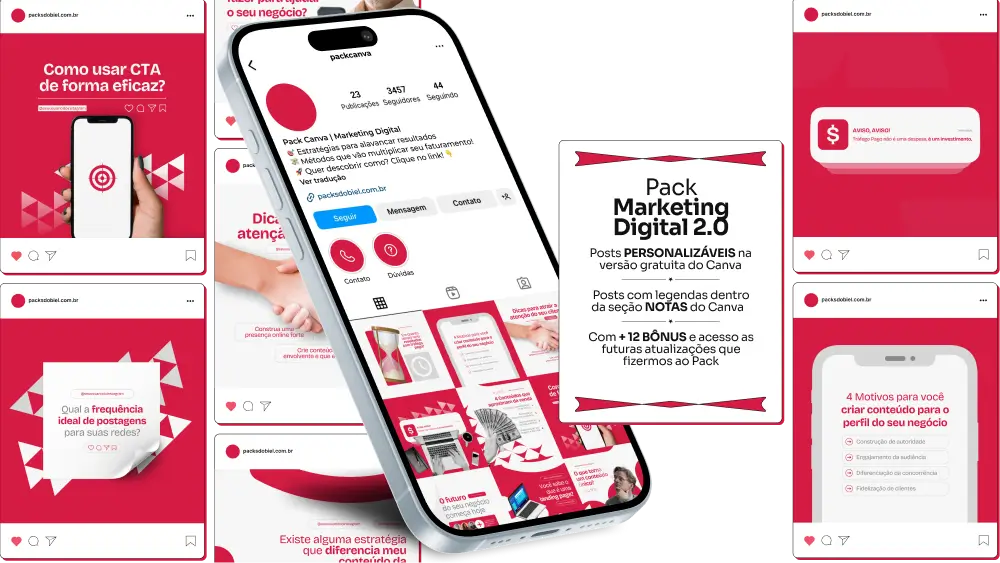 Pack Canva Marketing Digital – Um kit completo com posts prontos e artes editáveis para atrair clientes, gerar autoridade e impulsionar serviços de tráfego pago, gestão de redes, copywriting e lançamentos. Ideal para social media, gestores e infoprodutores.