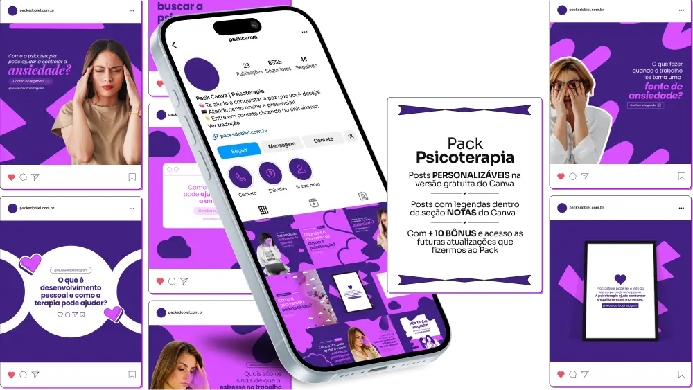 Imagem de amostra do produto Pack Canva com Artes/Posts editáveis para Psicoterapia, mostrando uma variedade de conteúdos visuais atrativos para profissionais de saúde mental. Inclui designs de posts, artes e conteúdo estratégico que promovem uma imagem profissional e acolhedora online. Este produto é direcionado para impulsionar as redes sociais e o marketing digital de psicólogos e terapeutas, especialmente no Instagram, facilitando a promoção de serviços terapêuticos e aumentando o engajamento com potenciais clientes.