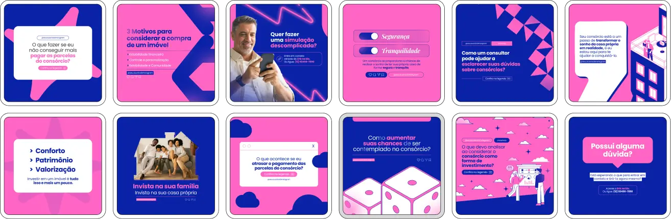 Imagem de amostra do produto Pack Canva com Artes/Posts editáveis para Consórcio de Imóveis, Consórcio de Casa, Consórcio de Apartamento mostrando uma variedade de conteúdos visuais atrativos para profissionais do mercado de afiliação e marketing digital. Inclui designs de posts, artes e conteúdo estratégico para promover uma imagem profissional e envolvente online. É um produto voltado para movimentar as redes sociais/social media do Instagram desses profissionais.