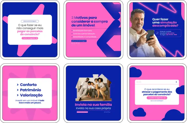 Imagem de amostra do produto Pack Canva com Artes/Posts editáveis para Consórcio de Imóveis, Consórcio de Casa, Consórcio de Apartamento mostrando uma variedade de conteúdos visuais atrativos para profissionais do mercado de afiliação e marketing digital. Inclui designs de posts, artes e conteúdo estratégico para promover uma imagem profissional e envolvente online. É um produto voltado para movimentar as redes sociais/social media do Instagram desses profissionais.