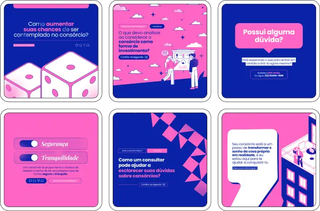 Imagem de amostra do produto Pack Canva com Artes/Posts editáveis para Consórcio de Imóveis, Consórcio de Casa, Consórcio de Apartamento mostrando uma variedade de conteúdos visuais atrativos para profissionais do mercado de afiliação e marketing digital. Inclui designs de posts, artes e conteúdo estratégico para promover uma imagem profissional e envolvente online. É um produto voltado para movimentar as redes sociais/social media do Instagram desses profissionais.