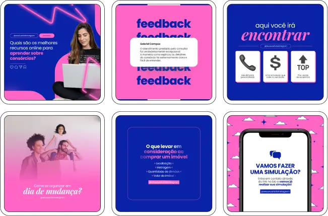 Imagem de amostra do produto Pack Canva com Artes/Posts editáveis para Consórcio de Imóveis, Consórcio de Casa, Consórcio de Apartamento mostrando uma variedade de conteúdos visuais atrativos para profissionais do mercado de afiliação e marketing digital. Inclui designs de posts, artes e conteúdo estratégico para promover uma imagem profissional e envolvente online. É um produto voltado para movimentar as redes sociais/social media do Instagram desses profissionais.