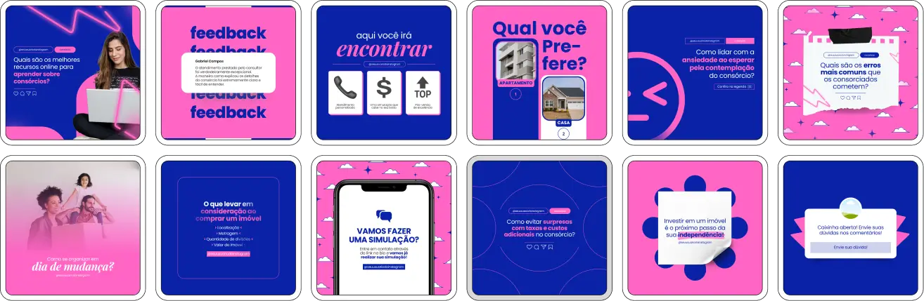 Imagem de amostra do produto Pack Canva com Artes/Posts editáveis para Consórcio de Imóveis, Consórcio de Casa, Consórcio de Apartamento mostrando uma variedade de conteúdos visuais atrativos para profissionais do mercado de afiliação e marketing digital. Inclui designs de posts, artes e conteúdo estratégico para promover uma imagem profissional e envolvente online. É um produto voltado para movimentar as redes sociais/social media do Instagram desses profissionais.