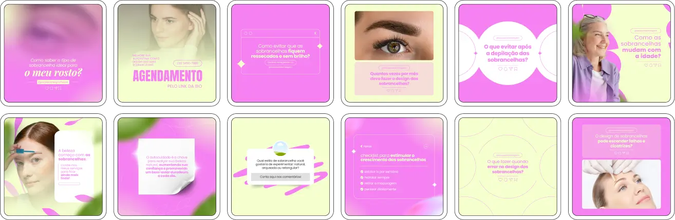 Pack Canva Designer de Sobrancelhas - Posts editáveis e prontos para Instagram, perfeito para profissionais de design de sobrancelhas, estúdios de beleza e especialistas em estética facial. Inclui artes estratégicas com conteúdos sobre design de sobrancelhas, microblading, antes e depois, cuidados essenciais, promoções de serviços e tendências de beleza. Ideal para aumentar o alcance, atrair clientes e destacar sua marca nas redes sociais, otimizando sua presença online.