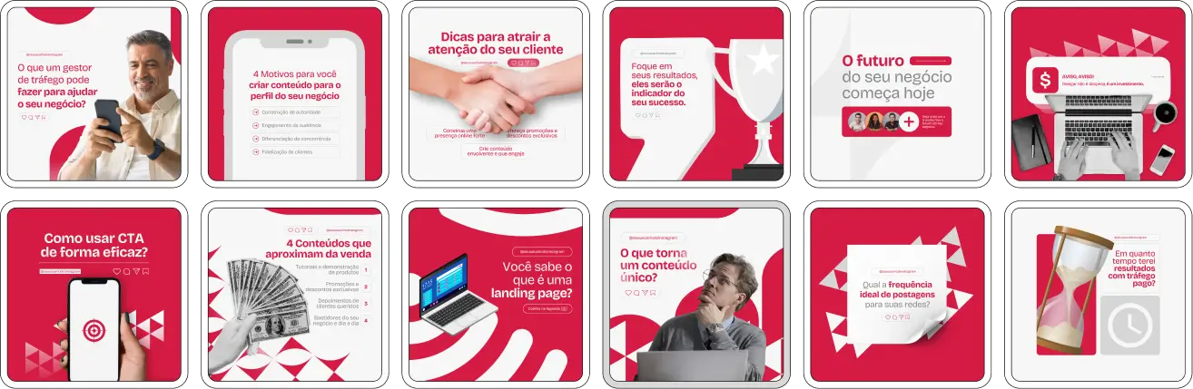 Imagem de amostra do produto Pack Canva com Artes/Posts editáveis para Marketing Digital, Social Media e Gestor de Tráfego Pago, mostrando uma variedade de conteúdos visuais atrativos para profissionais do mercado de afiliação e marketing digital. Inclui designs de posts, artes e conteúdo estratégico para promover uma imagem profissional e envolvente online. É um produto voltado para movimentar as redes sociais/social media do Instagram desses profissionais.