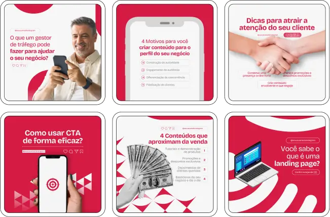 Imagem de amostra do produto Pack Canva com Artes/Posts editáveis para Marketing Digital, Social Media e Gestor de Tráfego Pago, mostrando uma variedade de conteúdos visuais atrativos para profissionais do mercado de afiliação e marketing digital. Inclui designs de posts, artes e conteúdo estratégico para promover uma imagem profissional e envolvente online. É um produto voltado para movimentar as redes sociais/social media do Instagram desses profissionais.