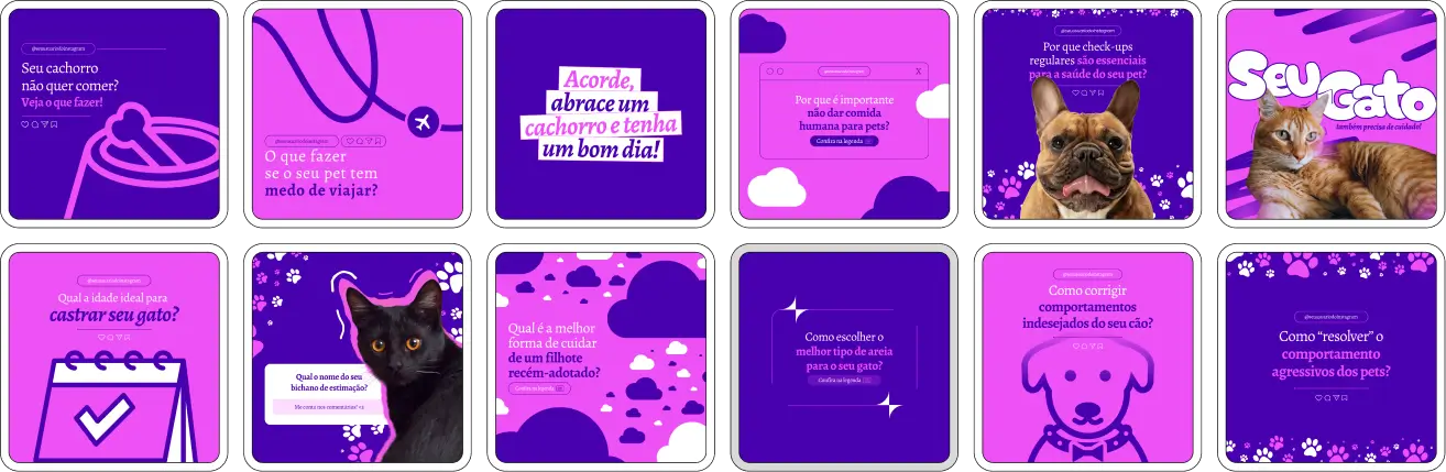 Imagem de amostra do produto Pack Canva com Artes/Posts editáveis para Pet Shop, mostrando uma variedade de conteúdos visuais atrativos para profissionais do mercado de afiliação e marketing digital. Inclui designs de posts, artes e conteúdo estratégico para promover uma imagem profissional e envolvente online. É um produto voltado para movimentar as redes sociais/social media do Instagram desses profissionais.